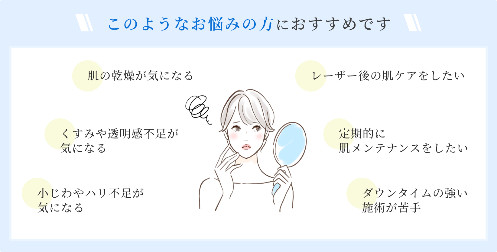 肌の乾燥が気になる、くすみや透明感不足が気になる、小じわやハリ不足が気になる、レーザー後の肌ケアをしたい、ダウンタイムの強い施術が苦手、定期的に肌メンテナンスをしたい