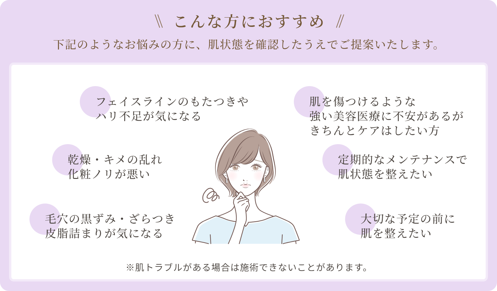 毛穴の黒ずみ・ざらつき・皮脂詰まりが気になる、乾燥・キメの乱れ・化粧ノリが悪い、フェイスラインのもたつきやハリ不足が気になる、肌を傷つけるような強い美容医療に不安があるがきちんとケアはしたい方、定期的なメンテナンスで肌状態を整えたい、大切な予定の前に肌を整えたい